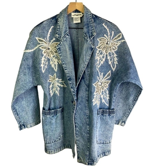 Vintage Jackets & Blazers - Vintage JenJen Women’s Oversized Bedazzled Jean Jacket
